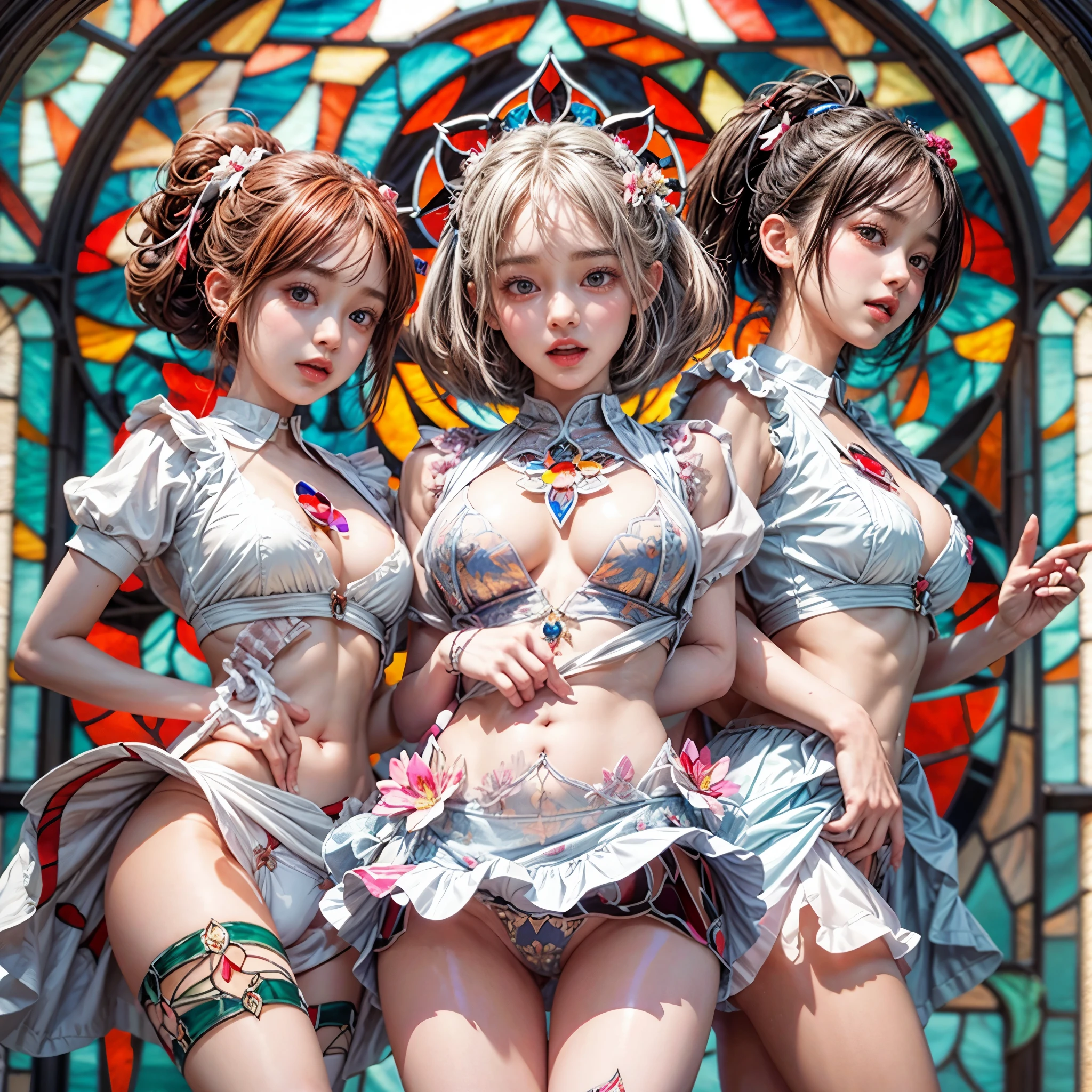 White and Red, (Dazzlingly colorful Light shines:1.2), Masterpiece, (physically-based rendering with ultra-detailed, (realistic and (photorealistic:1.37) with touch of rawness), Acutance:0.8) . A group of KAWAII girls in (school uniform) with opened Overflowing Gigantic Cleavage without bra . (((extremely detailed KAWAII face variations)) with joyful expressions), { Navel | pretty Ass | (Overflowing underboob) | White panties with (blood seeping only in crotch area) | (full of Flowers covering girl's body) | ((Dazzling colorful stained glass with stunning elaborate details:1.2)) | A Dazzling Halo (Floating) } . (Exposed:0.95), ((nipple:-0.9)), (not Detailed fingers:-0.9) .