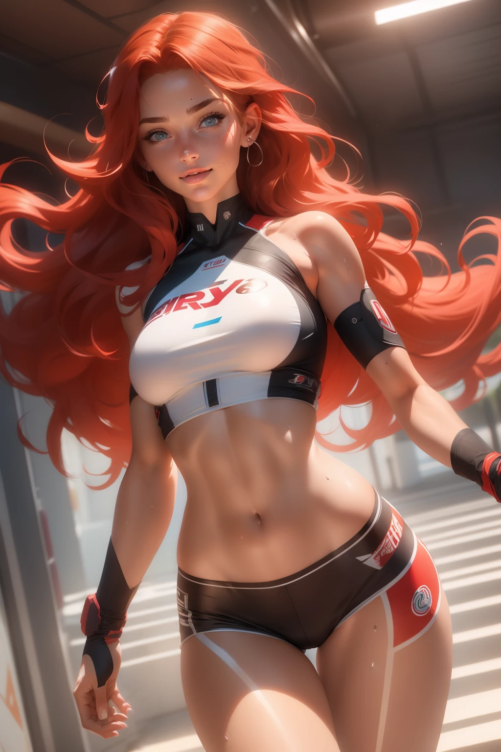 (1girl, 18 year olds),medium breasts, breasts,white female, red hair, blue eyes tan, dewy skin, sweaty skin, wavy hair, beauty, ultra-realistic, ultra lifelike, 4k, unreal engine, shy smile, perfect face, full body shot, slim thighs