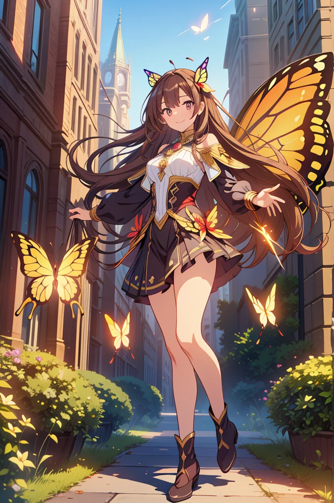 masterpiece, top quality, high resolution, perfect human structure, background focus, front view, shiny hair, brown hair, sorceress costume, butterfly spell power, shiny butterfly powers, city, full body, smile, wings butterfly, ultra hd