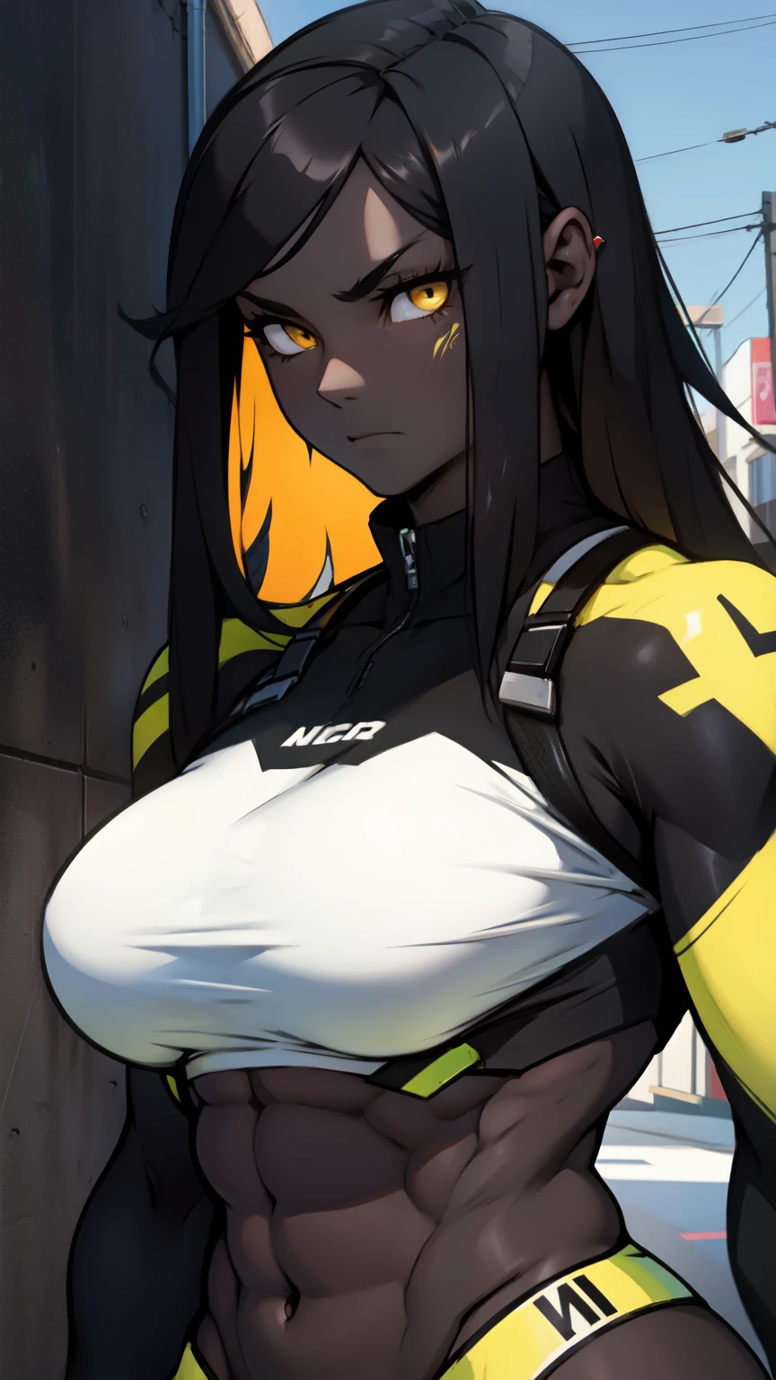 muscular girl breasts thick black hair yellow eyes pale sad