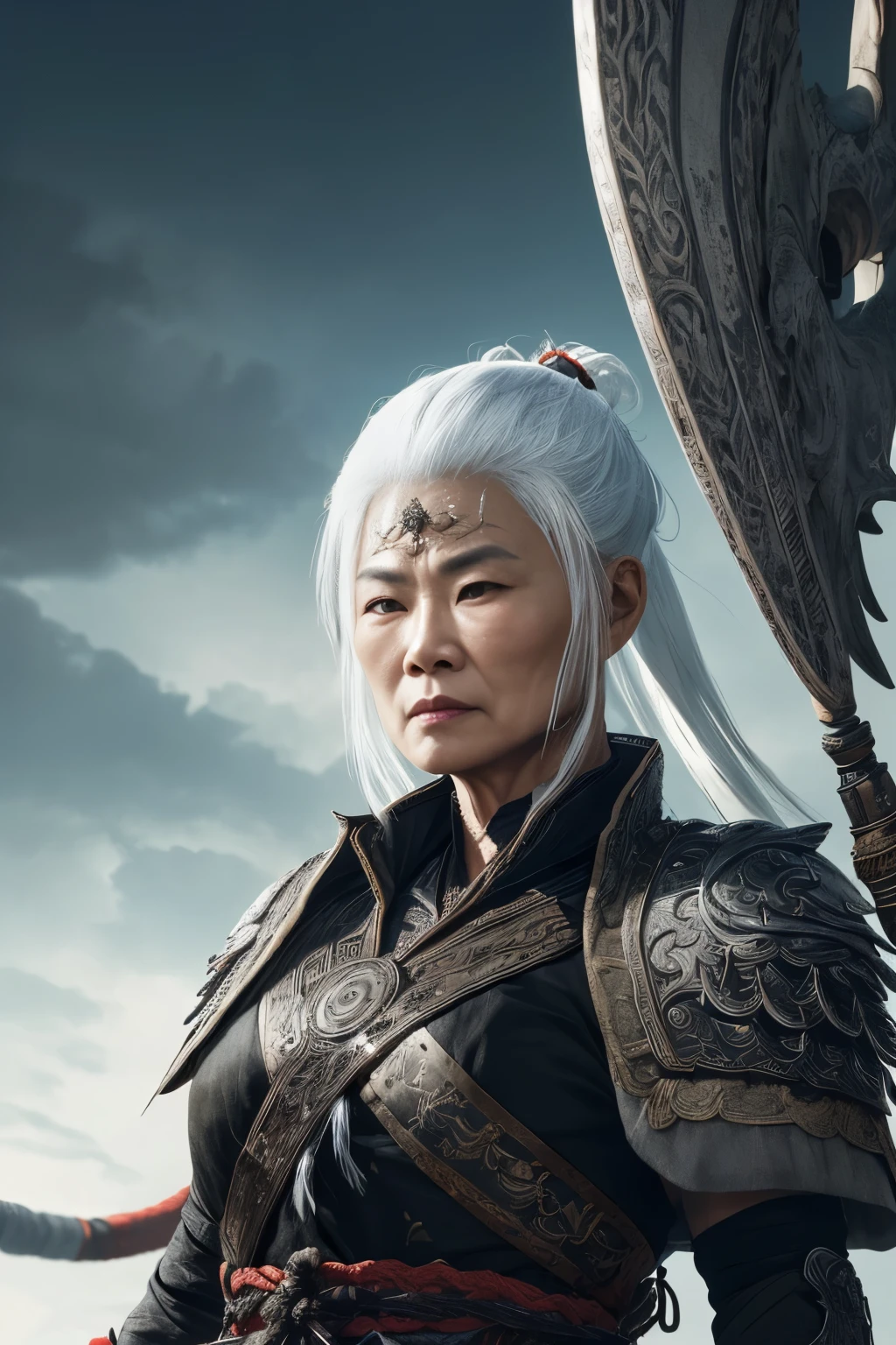 (extremely detailed 8k wallpaper), a medium photo of an old warrior Asian woman with white hair from the necromancer Gerrary, intricate, with many details, dramatic