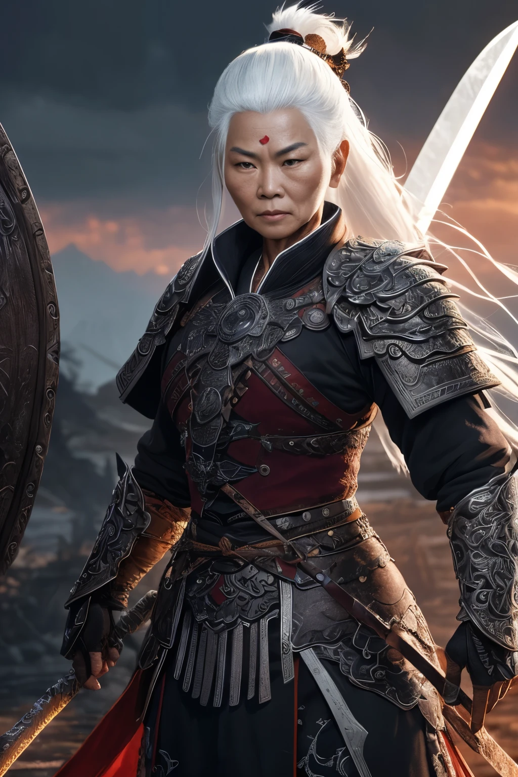 (extremely detailed 8k wallpaper), a medium photo of an old warrior Asian woman with white hair from the necromancer Gerrary, intricate, with many details, dramatic
