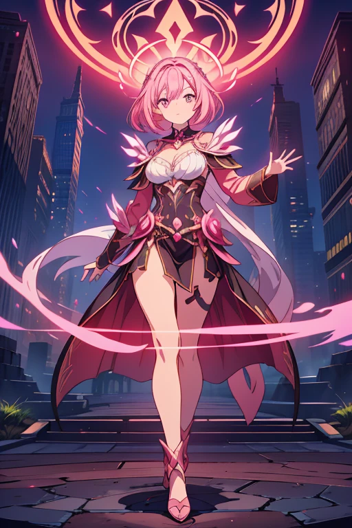 masterpiece, top quality, high resolution, perfect human structure, background focus, front view, glowing hair, pink hair, sorceress outfit, darkness spell power, glowing darkness powers, city, full body, ultra hd