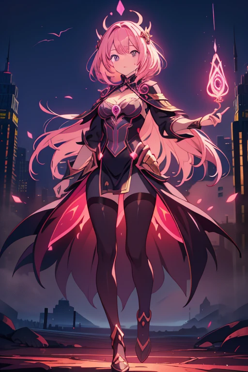 masterpiece, top quality, high resolution, perfect human structure, background focus, front view, glowing hair, pink hair, sorceress outfit, darkness spell power, glowing darkness powers, city, full body, ultra hd