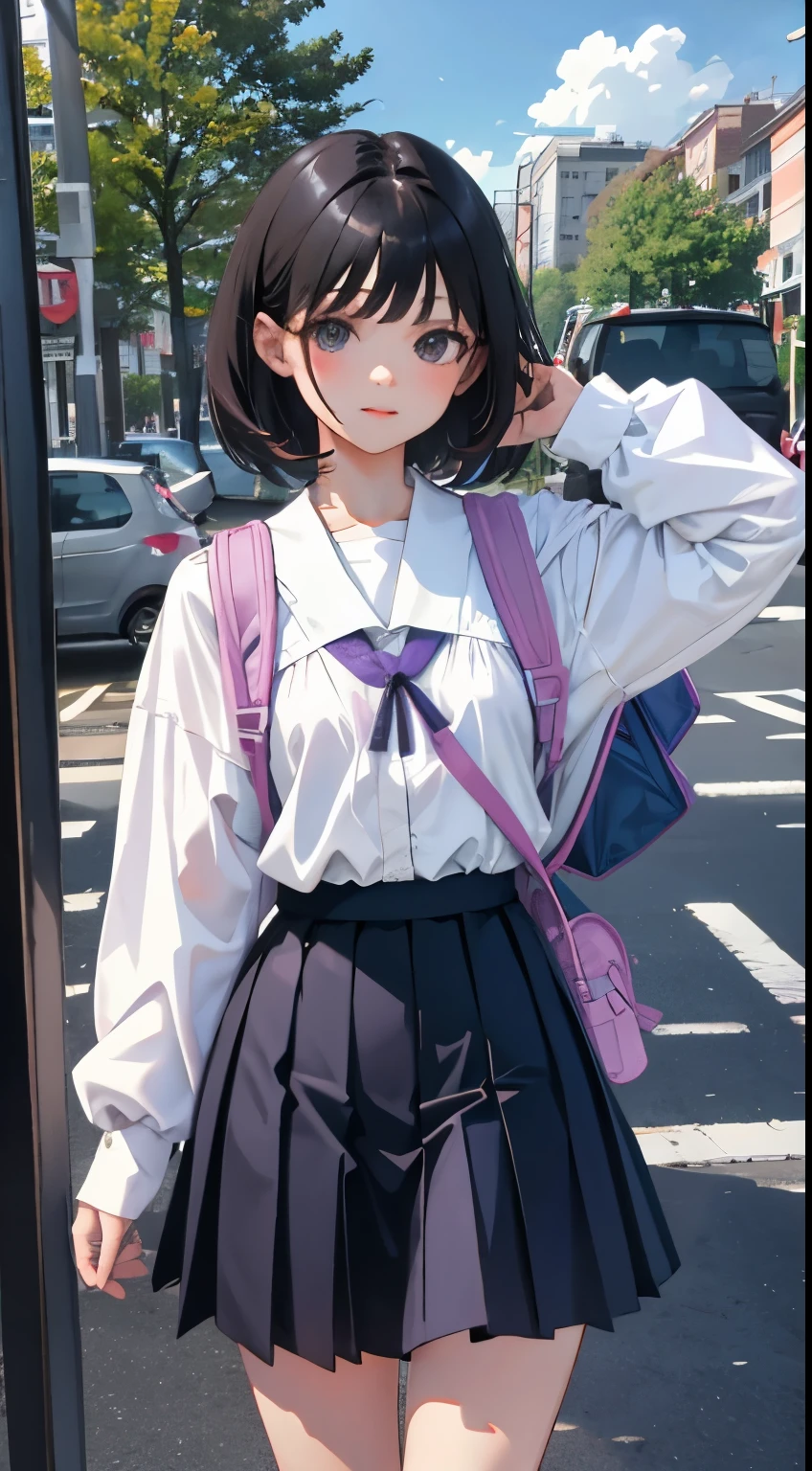 turn around，(child)，（masterpiece，Top quality)，Light Grape Pleated Mini Skirt，White rucksack，short sleeve，black hair，Summer Classroom，Lakeside