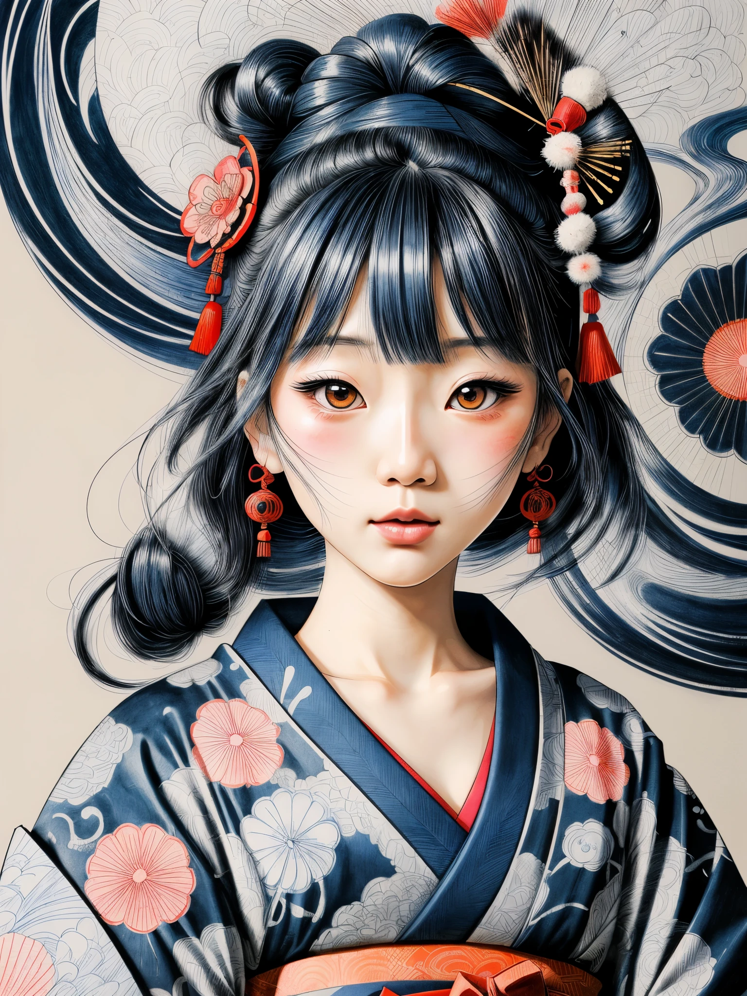 illustration of a traditional japanese girl, kimono, fancy hair, abstract and contemporary style, ((detailed and expressive cartoon eyes)), fine line art style, accent shading, blue pen only, traditional style