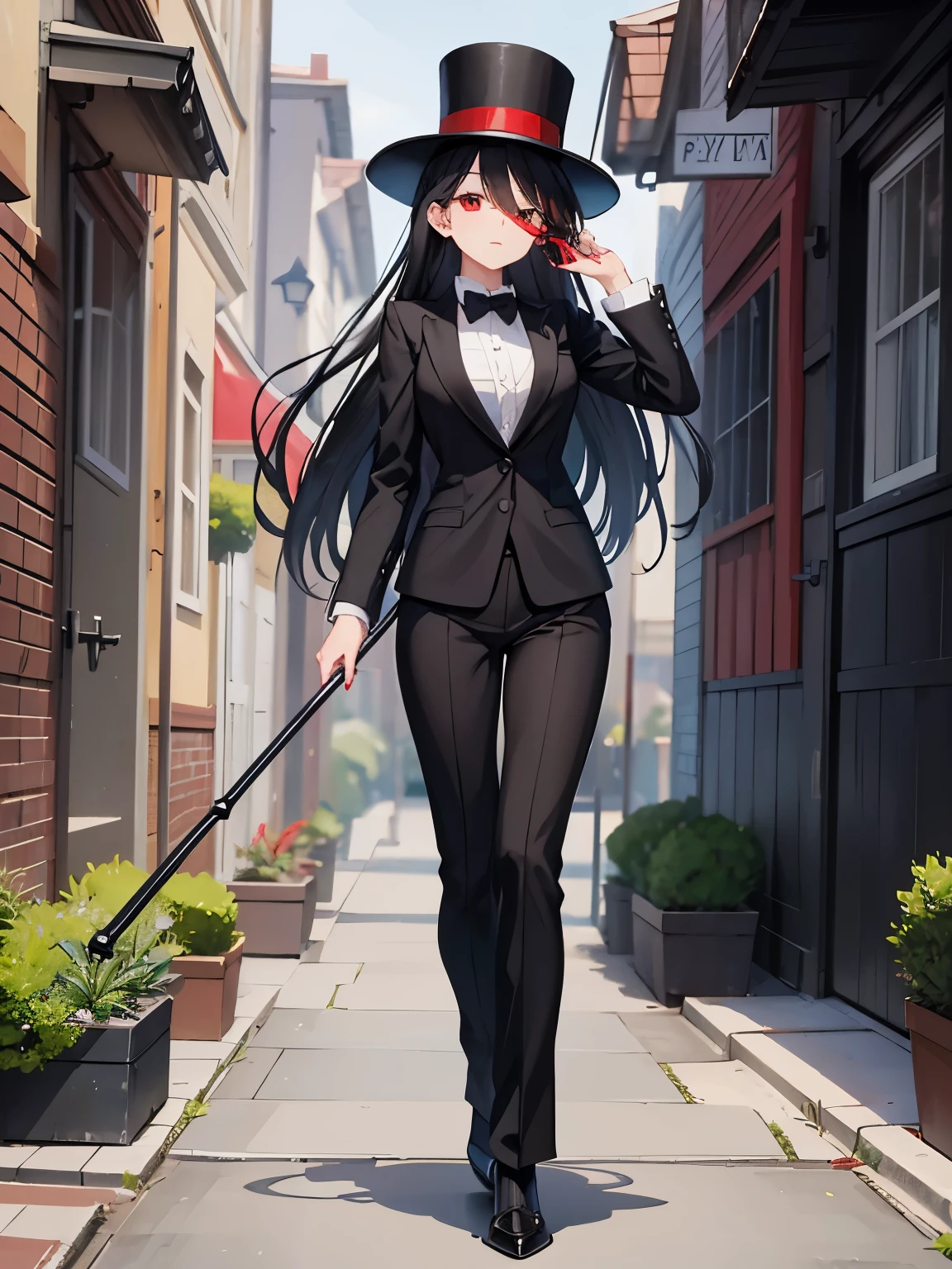 woman，black suit，Top hat，walking stick，long black hair，red eyes