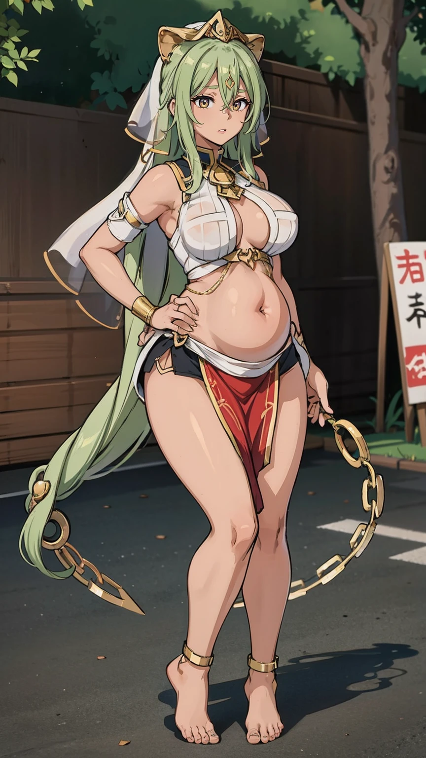 , 25 years old, chubby, healthy midsection, big deal, big deal腿粗, 巨big deal的下垂的紧贴着she的身体, Wearing a translucent veil,Wear gold bell chain. barefoot. she回头看了一眼,full. she'on a busy sidewalk.,pregnant woman,exposed belly
