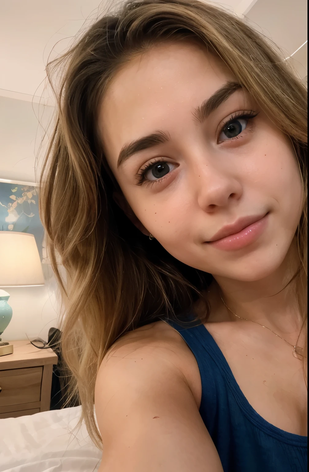 create ultrarealistic, hyperdetailed, anatomically correct  girl, riley reid (blonde, cute, innocent, flat-chested, petite) upper body selfie from hand (front camera) in bed, wearing casual clothes