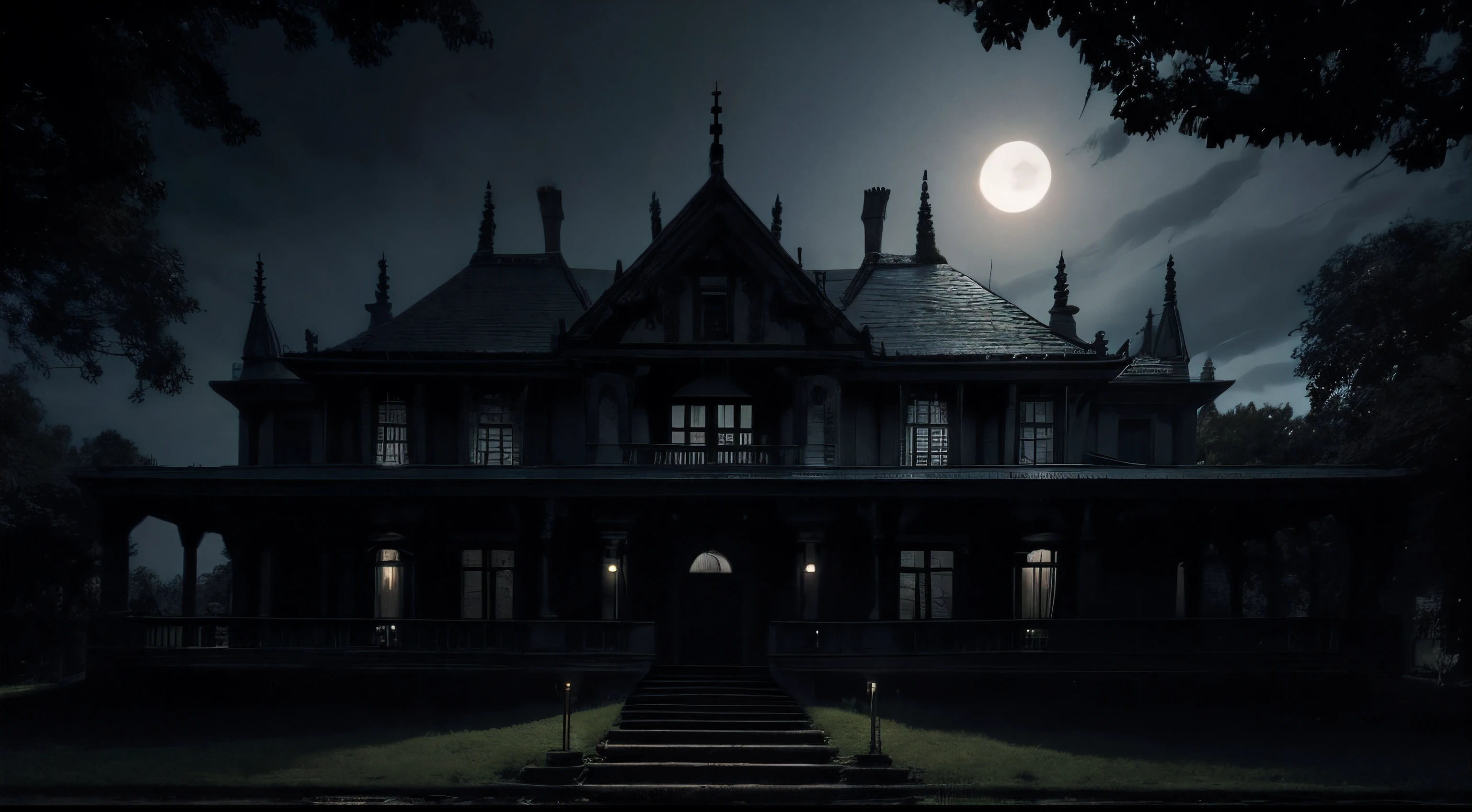 terrifying old mansion, durante a noite, ambiente escuro e dark, nevoas, Clima de terror, sombra na janela,