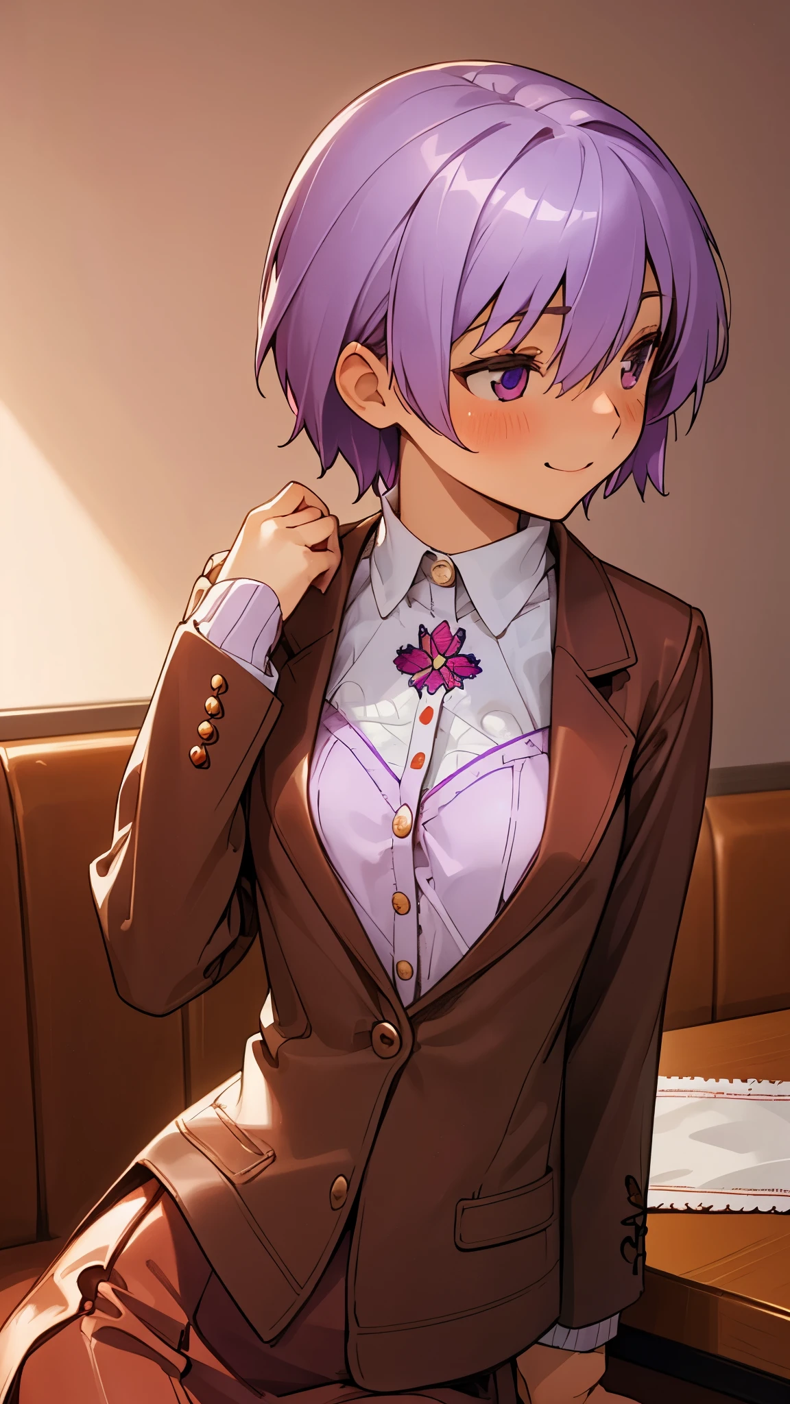 (highest quality、Super fine、real)、Energetic girl、solo、Yuitsuki Yukari、18-year-old、small breasts、slender body shape、profile、smile、blush、light purple hair、short hair、(hair between eyes) )、(white sweater with embroidery、brown leather blazer、red skirt)、Sit across from a table in a restaurant、bright background