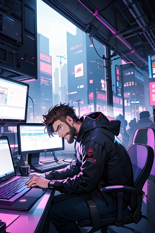 Male guy, beard, blue eyes, brown hair, sitting in front of a pc, coding, tea cup steaming, keyboard, pc mouse, cyber city outside the window, skyline, concentrated work, cyberpunk style, violet and light blue.