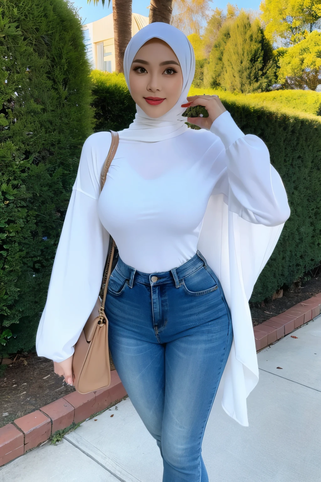 beautiful hijabi, slim, tall, big breast, mature woman, (see through white delicate tight long sleeves shirt, pencil jeans), seductive pose, in the backyard, high heels, hands grabbing breast, hand on breast