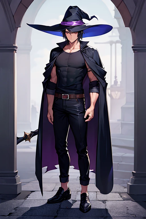 1boy, short hair, 1guy, witch hat, torn clothes, full body, ((full body)), adult, serious, muscular, wizard, shirt,