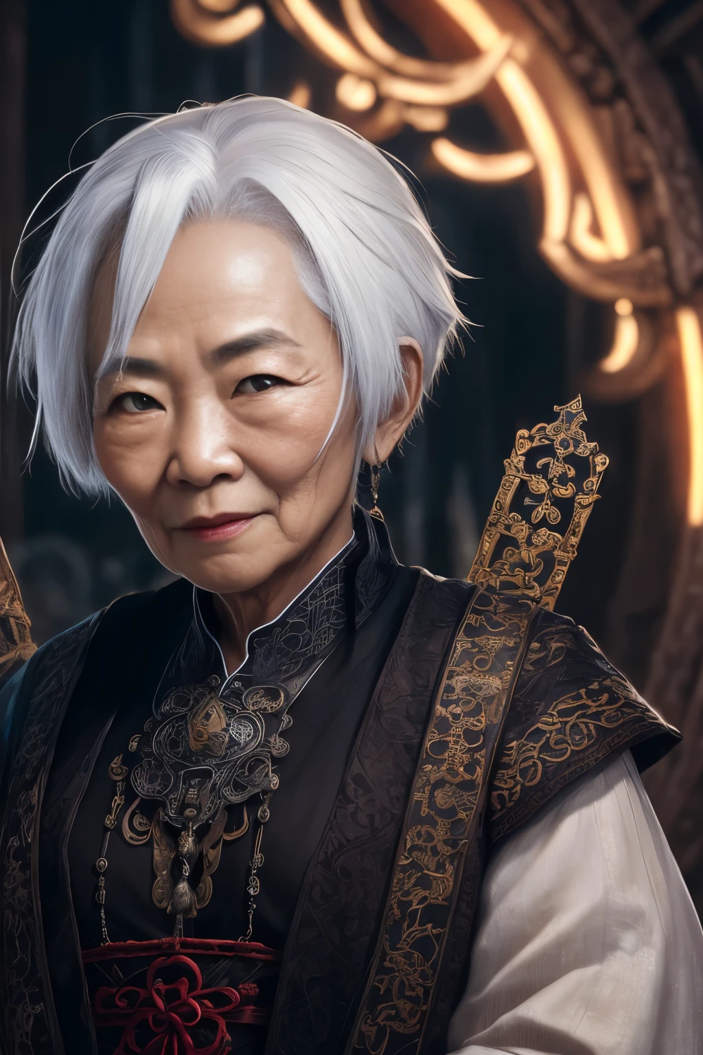 (extremely detailed 8k wallpaper), a medium photo of an old Asian woman with white hair from the necromancer Gerrary, intricate, with many details, dramatic