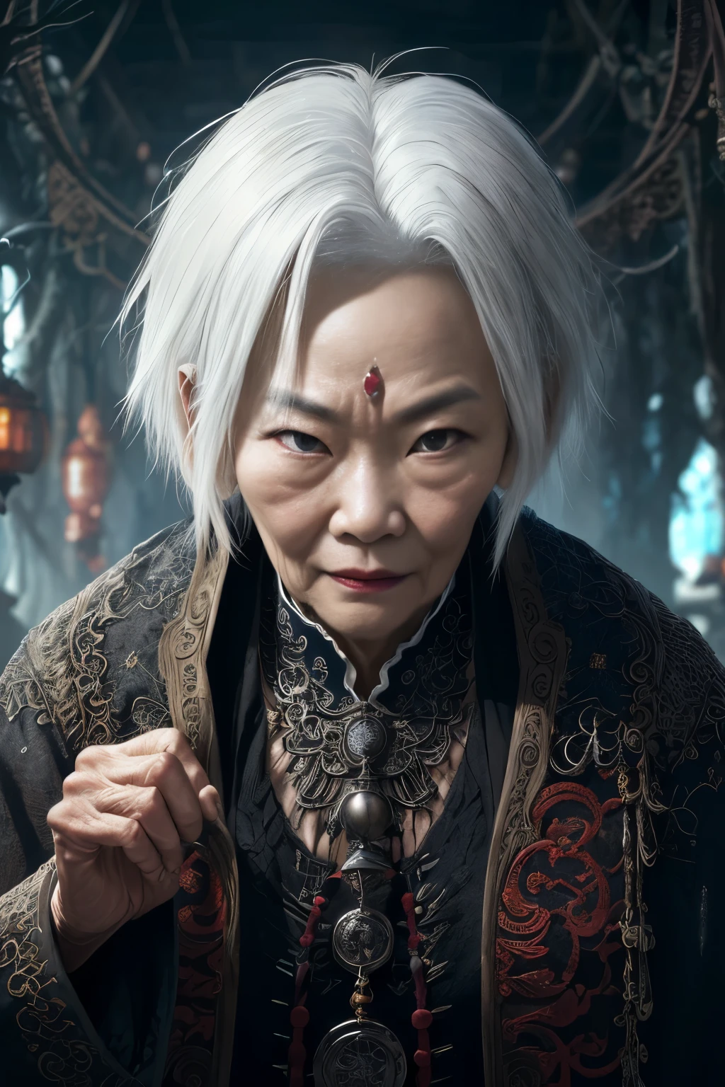 (extremely detailed 8k wallpaper), a medium photo of an old Asian woman with white hair from the necromancer Gerrary, intricate, with many details, dramatic