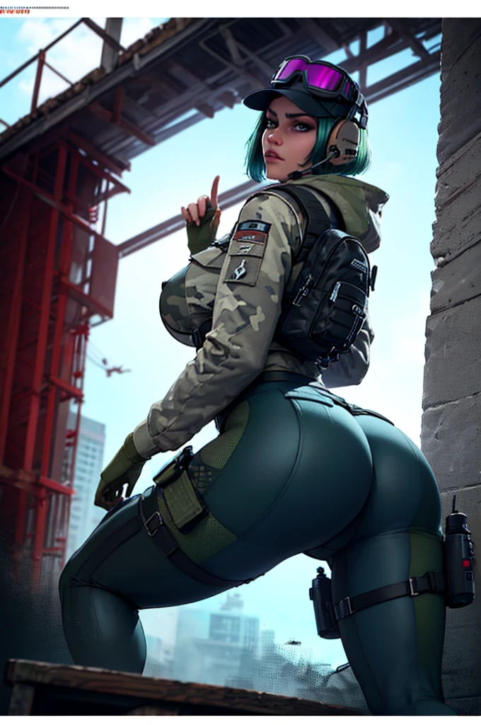 She_(the rainbow_Six_siege), masterpiece, Best quality, 1 girl, camouflage, One, green hair, backpack, Boots, It has, Goggles, Goggles on headwear, is, jacket, Hood, bag, short hair, garnish, Blue eyes, camouflage jacket, gloves, murmur, Hood down, looking back, thigh murmur, Radio Antenna, military, headphones, leggings, closed mouth, camouflage брюки, huge is, sexy hips, sits on the toilet, poops, diarrhoea