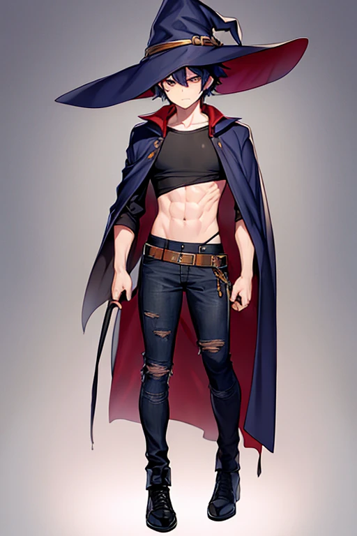 1boy, short hair, 1guy, witch hat, torn clothes, full body, ((full body)), adult, serious, muscular, wizard, shirt,