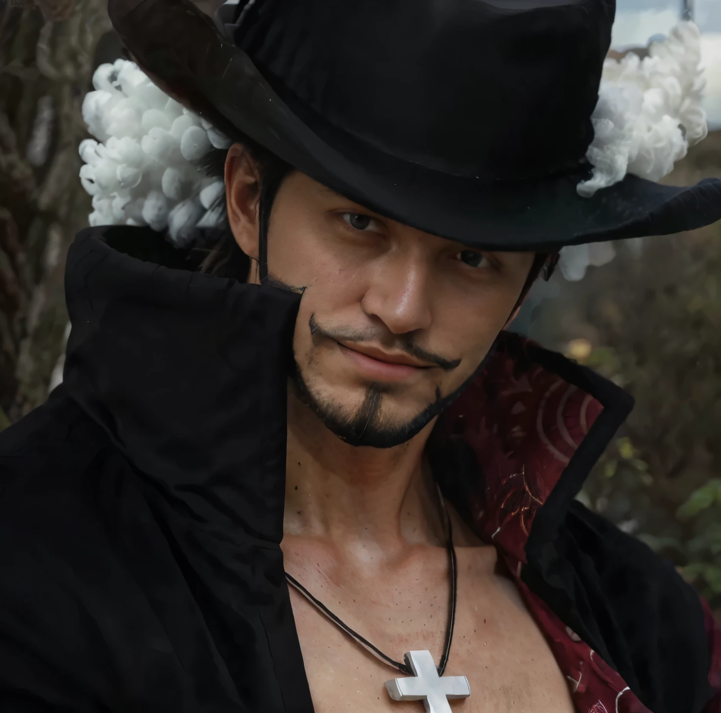 (masterpiece), (realistic), (ultra detailed), ( high reest quality), (photorealistic), (perfect face), (perfect anatomy), black hair, short hair, black beard, wearing a black hat with white cotton, wearing a black junah, wearing a necklace, behind the character there is a rocky hill