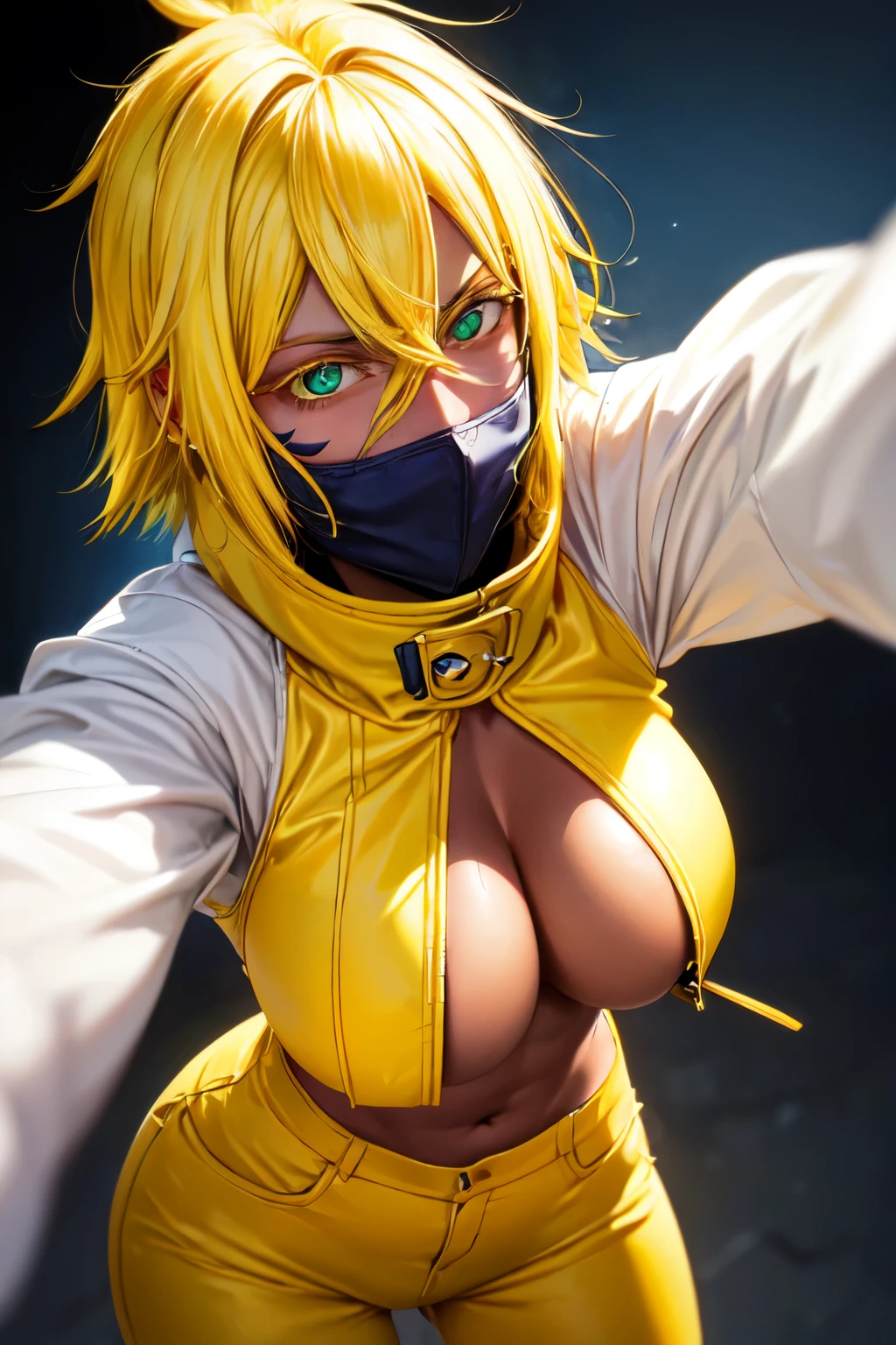 masterpiece,best quality,studio lighting,confident pose,glowing eyes,,perfect face,perfect hands,detailed lips,detailed nose, detailed eyes,realistic colors,(dark skin),Tier Halibel,TH1,blonde hair,green eyes,yellow clothes,underboob,(covered mouth),((yellow jacket with a high collar covering the lower part of her face downward)),yellow pants,(cowboy shot)