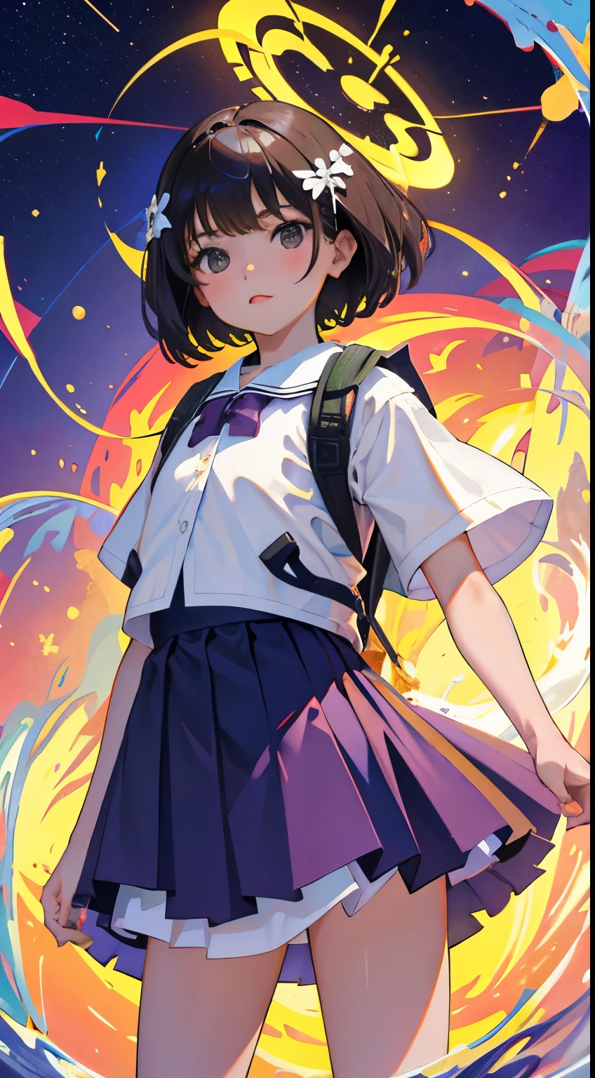 turn around,(),(masterpiece,Top quality),Light Grape Pleated Mini Skirt,White rucksack,short sleeve,black hair,Summer Classroom,Lakeside
