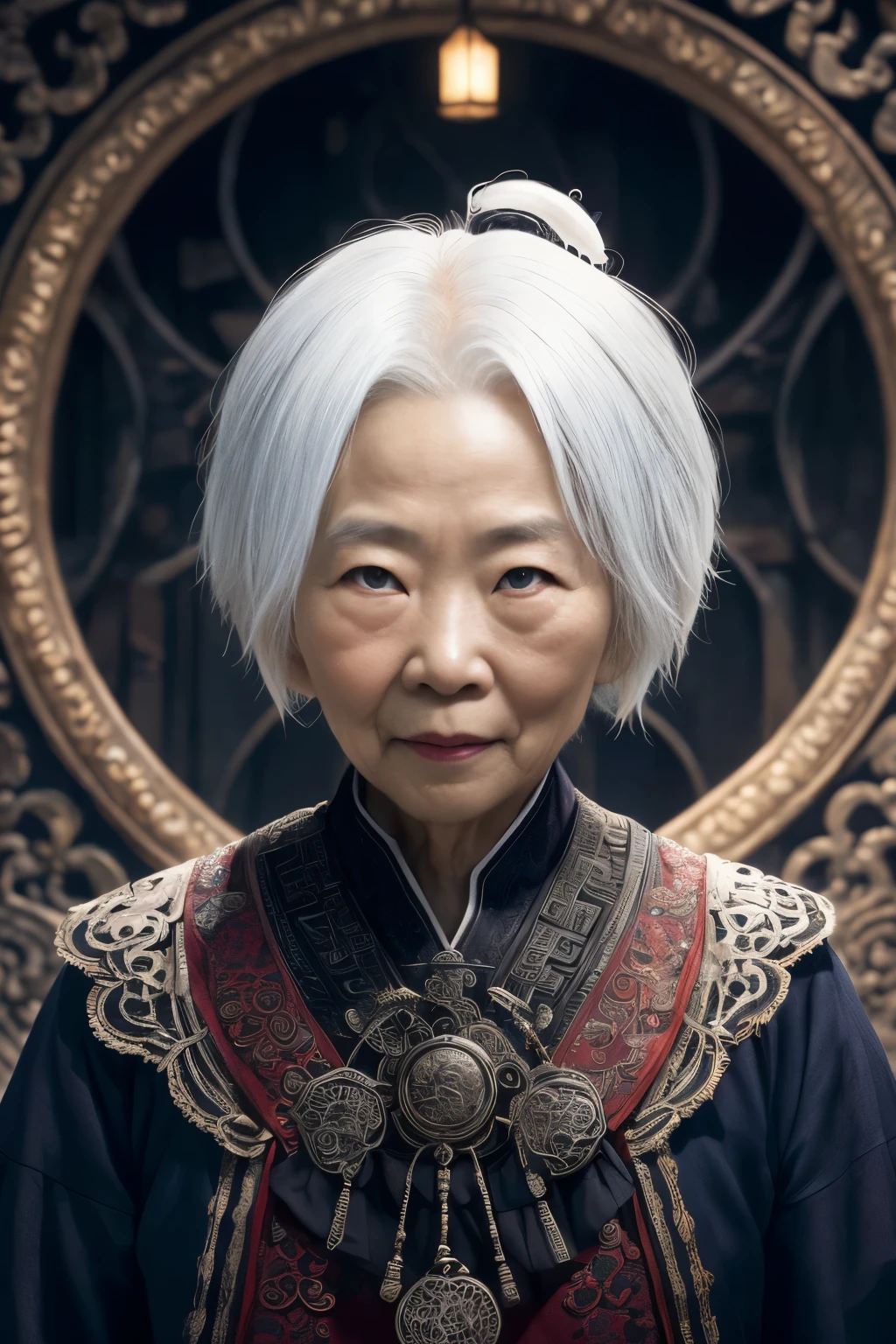 (extremely detailed 8k wallpaper), a medium photo of an old Asian woman with white hair from the necromancer Gerrary, intricate, with many details, dramatic