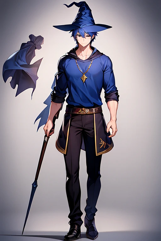 1boy, short hair, 1guy, wizard hat, full body, ((full body)), adult, serious, muscular, wizard, shirt,