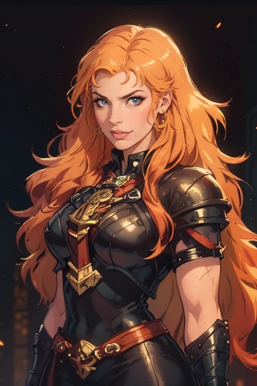 photograph, cinematic color grading, solo character portrait, young woman, hair: sparkling bright peach hair, low-tied long hair, nationality: Latvian, barbarian, dark background