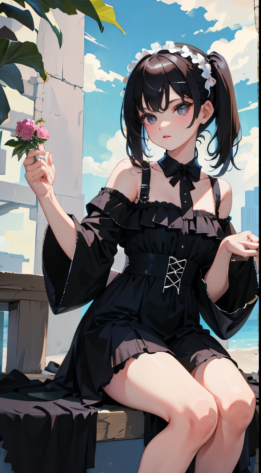 turn around,(child),(masterpiece,Top quality),Black Lolita Clothes,black hair,Lakeside