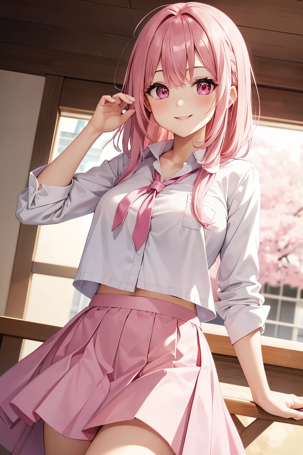 Pink haired goddess, wearing a white shirt and pink skirt, pink eyes, smiling beautifully.