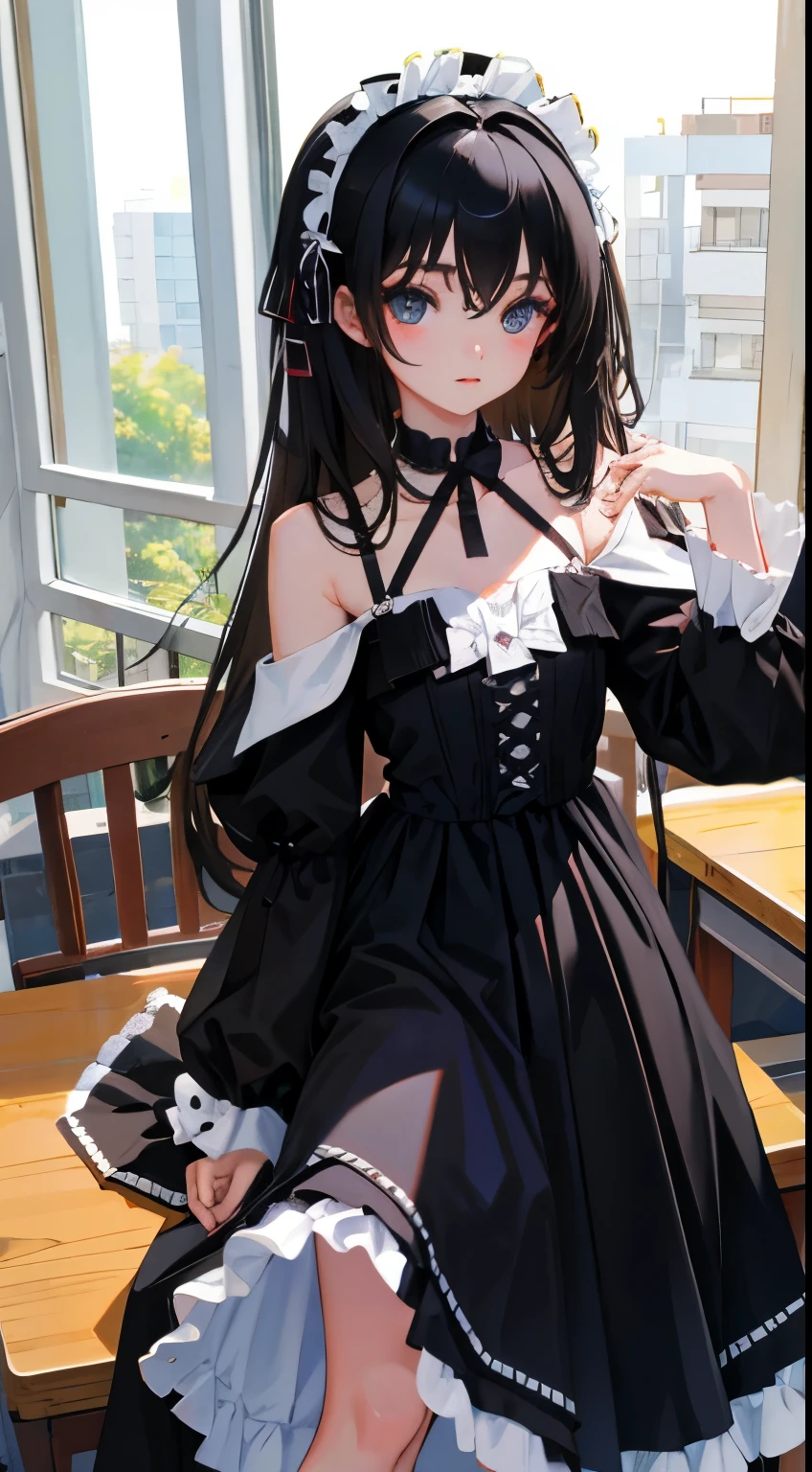 turn around,(),(masterpiece,Top quality),Black Lolita Clothes,black hair,Summer Classroom,Lakeside