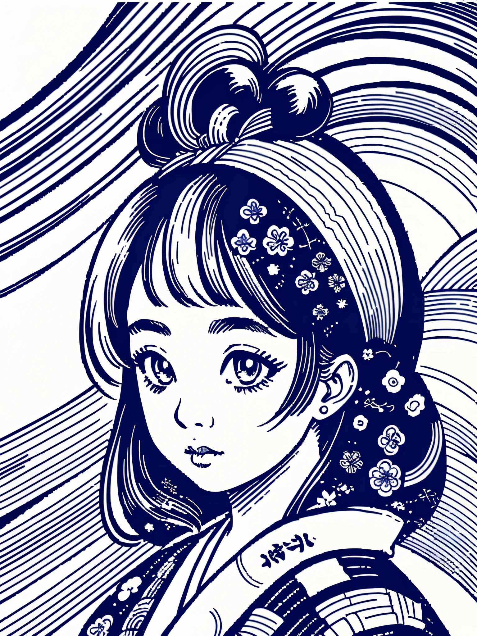 illustration of a traditional japanese girl, kimono, fancy hair, abstract and contemporary style, ((detailed and expressive eyes)), fine line art style, accent shading, blue pen only, traditional style