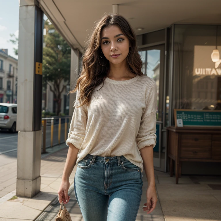 sfw, ((full body shot)), (best quality,ultra-detailed,photorealistic), young woman, 23 years old, Captivating green eyes with a spark, detailed lips, Genuine and inviting smile with a subtle dimple, Softly defined cheekbones, sophisticated, Dark and lustrous hair in loose waves framing her face, walking, detailed face, inviting charm, (stylish outfit), going to a science museum, blurred background, natural sunlight, serene atmosphere, soft lighting, vibrant colors,