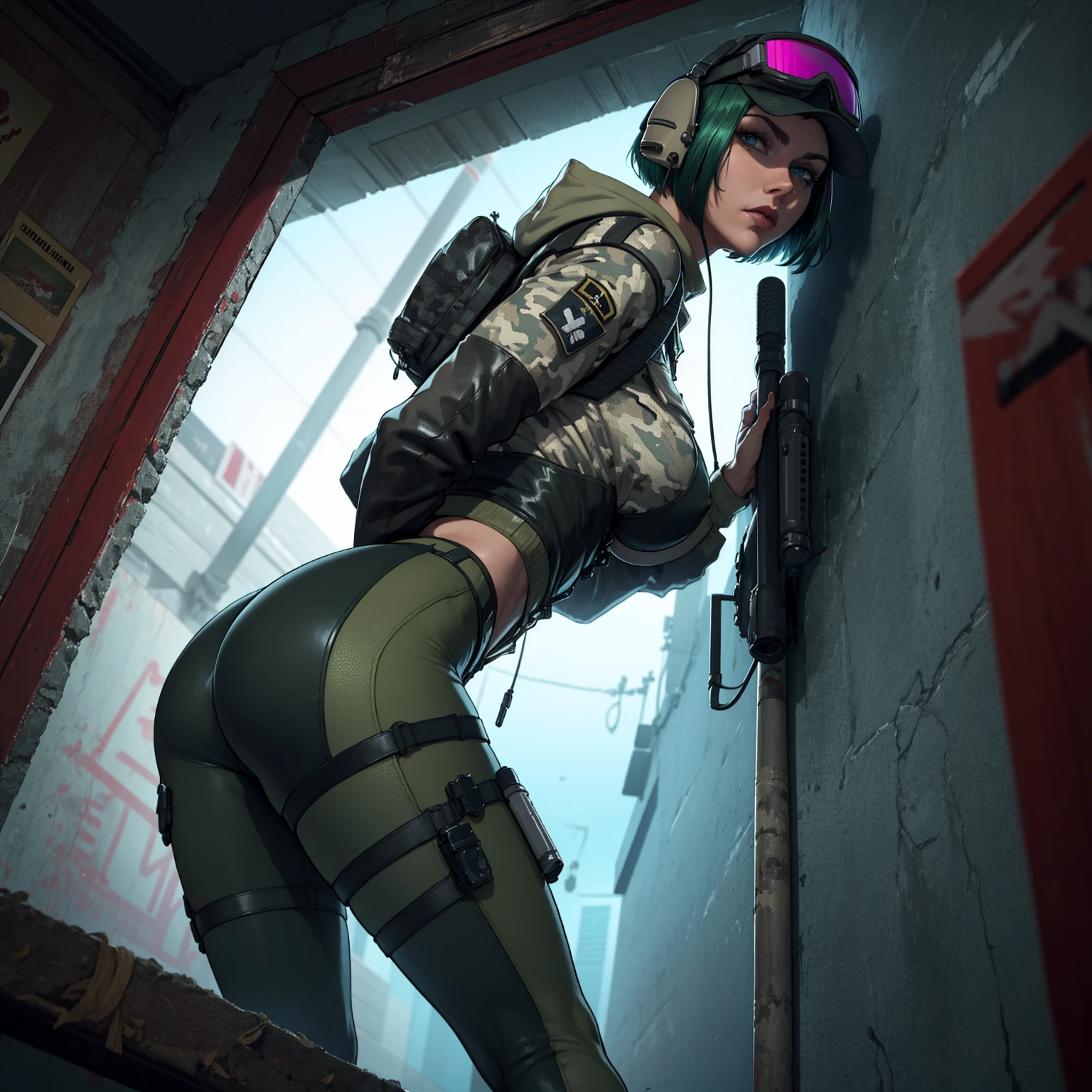 8k portrait of ela (rainbow six siege)
, camouflage, solo, green hair, backpack, boots, hat, goggles, goggles on headwear, pants, looking at viewer, jacket, hood, bag, short hair, headset, blue eyes, camouflage jacket, gloves, holster, hood down, thigh holster, radio antenna, military, headphones, leggingull body)), piercing eyes, looking at the viewer, dynamic pose, ((thighig tits:1.0), looking back, (huge ass:1.4)
, best quality, (photo-realistic:1.2), looking at the viewer, film grain, construction site scene, construction site background, debris, low angle
, dark scene, rim lighting, two tone lighting, dimly lit, low key hdr,