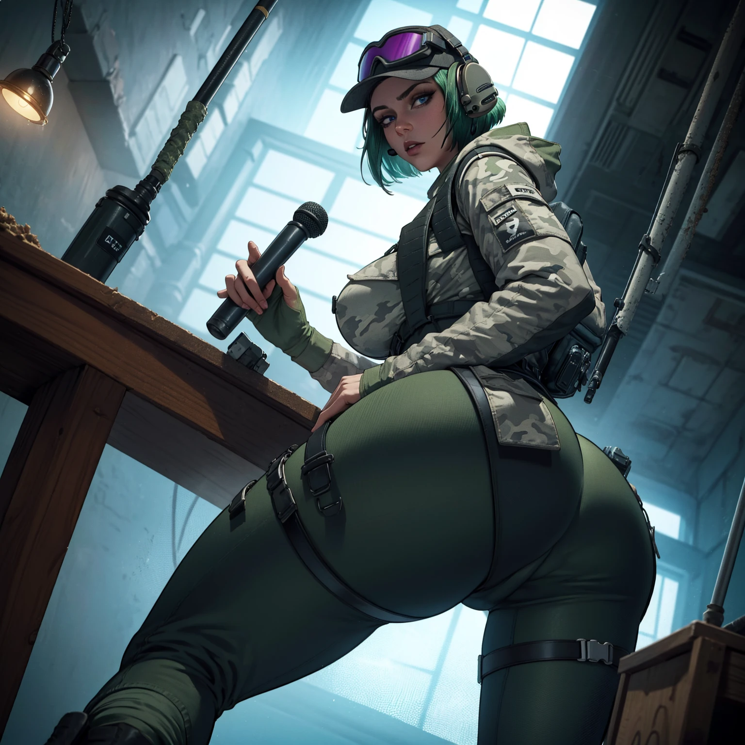 8k portrait of ela (rainbow six siege)
, camouflage, solo, green hair, backpack, boots, hat, goggles, goggles on headwear, pants, looking at viewer, jacket, hood, bag, short hair, headset, blue eyes, camouflage jacket, gloves, holster, hood down, thigh holster, radio antenna, military, headphones, leggingull body)), piercing eyes, looking at the viewer, dynamic pose, ((thighig tits:1.0), looking back, (huge ass:1.4)
, best quality, (photo-realistic:1.2), looking at the viewer, film grain, construction site scene, construction site background, debris, low angle
, dark scene, rim lighting, two tone lighting, dimly lit, low key hdr,