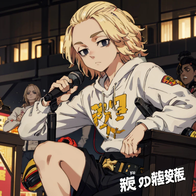 Mikey, 1boy, male focus, blonde hair, medium hair, black eyes, empty eyes, rapper, microphone, headphone, music