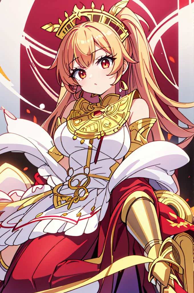 Her motifs are fire and courage.。
Her costume is a high-leg type outfit based on white and red with short translucent frills from the waist.。There is a pendant on the chest、her hair is red in a ponytail、I have a headdress on my head。her eyes are golden、Eyelashes are long and full。her shoes are red high heels、A golden ribbon is attached to the ankle。