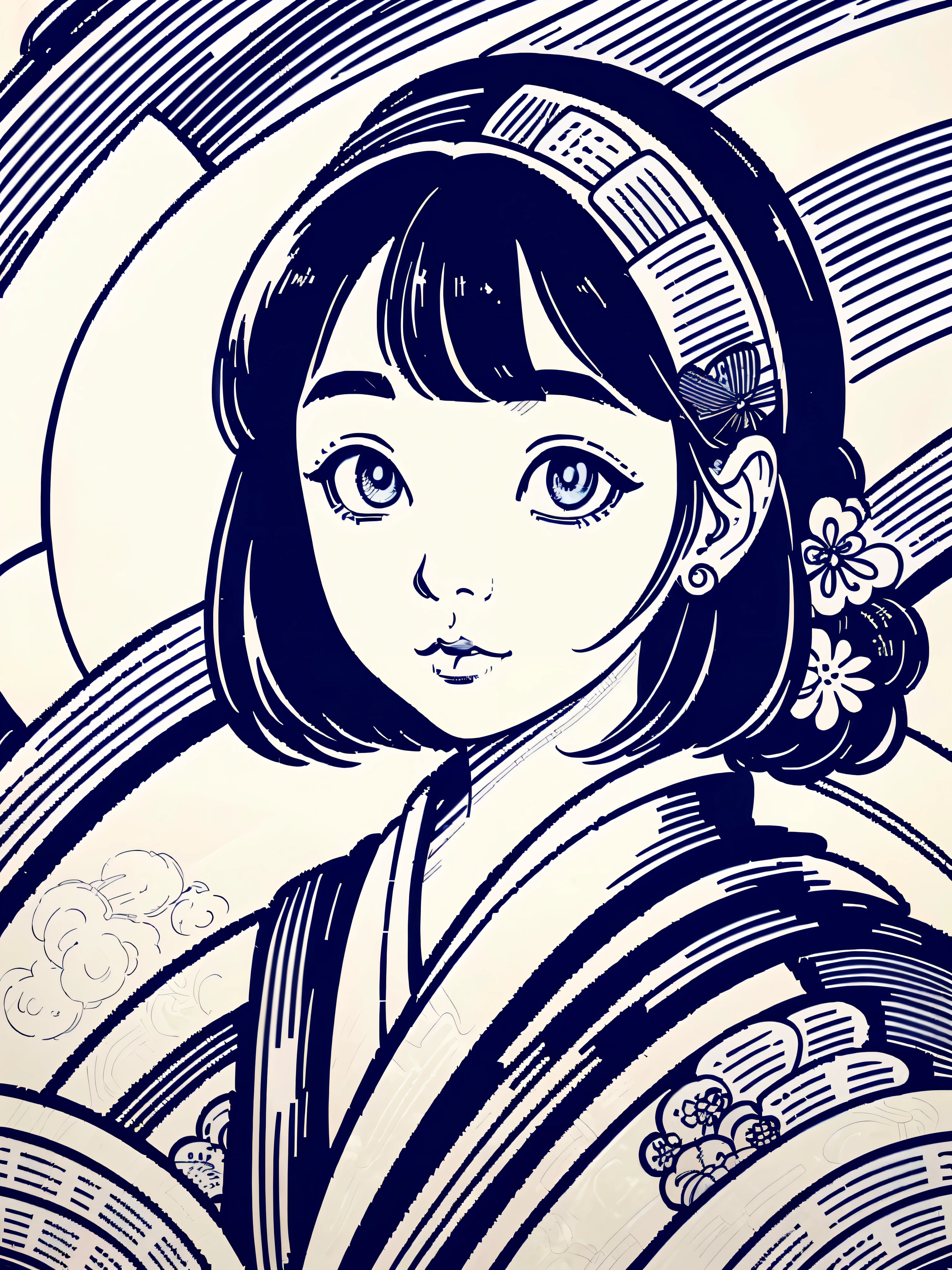 illustration of a traditional japanese girl, kimono, fancy hair, abstract and contemporary style, ((detailed and expressive eyes)), fine line art style, accent shading, blue pen only, traditional style