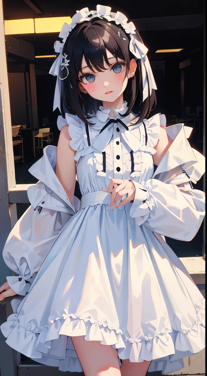 turn around,child,(masterpiece,Top quality),White Lolita Clothes,black hair,Summer Classroom,Lakeside