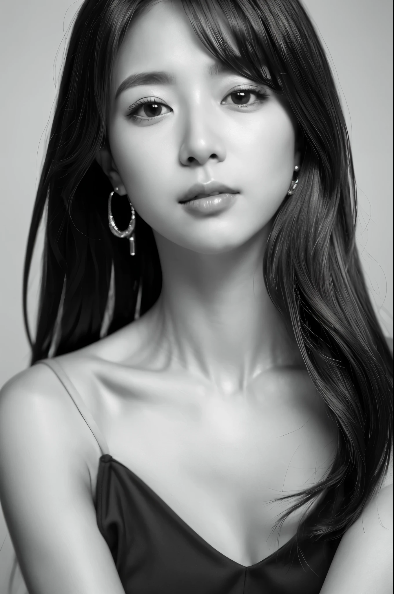 masterpiece, Best Quality, Photorealsitic, Ultra-detailed, finely detail, high resolution, 8k wallpaper, Professional, high level of detail, ((Monochrome photography)), 1girl in, ((Facing the front)), ((Vermilion lips)), Detailed clavicle, face perfect, straight haired