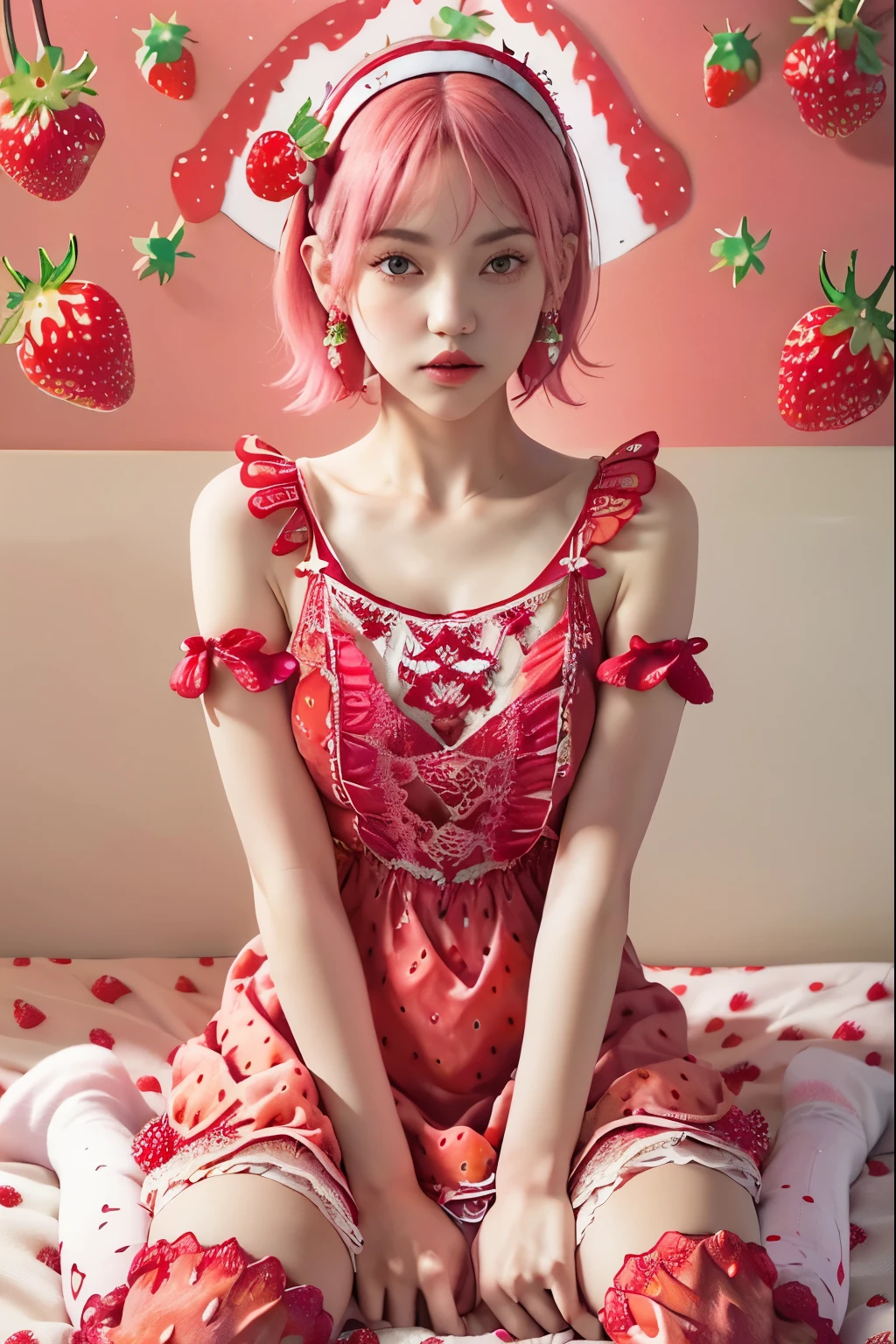 (8K, top-quality, masterpiece:1,2), (reallistic, Photorealsitic:1.37), Super Detail, One girl,), (Highly detailed), (beautifully detailed eyes), (of the highest quality), (super detailed ), (masterpiece), (Detailed face),20yr old, ,1 girl, full body, pink hair,Very short hair, medium breasts, clothed, Perfect Lighting, pussy and breast focus, looking at viewer, aroused face, naughty face, (pastel-red theme:1.3), ((Strawberry Gothic Dress with Strawberry pattern:1.4)), (Strawberry ornament:1.3), (red big ribbon:1.3), (Strawberry earrings:1.2), (white Knee High Socks:1.3)