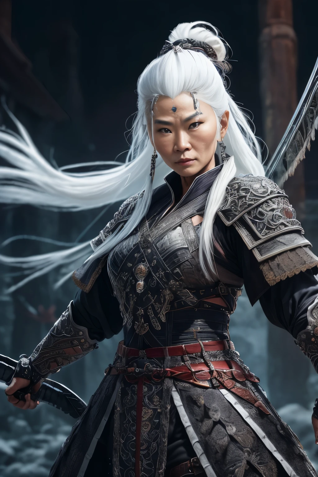 (extremely detailed 8k wallpaper), a medium photo of an old warrior Asian woman with white hair from the necromancer Gerrary, intricate, with many details, dramatic