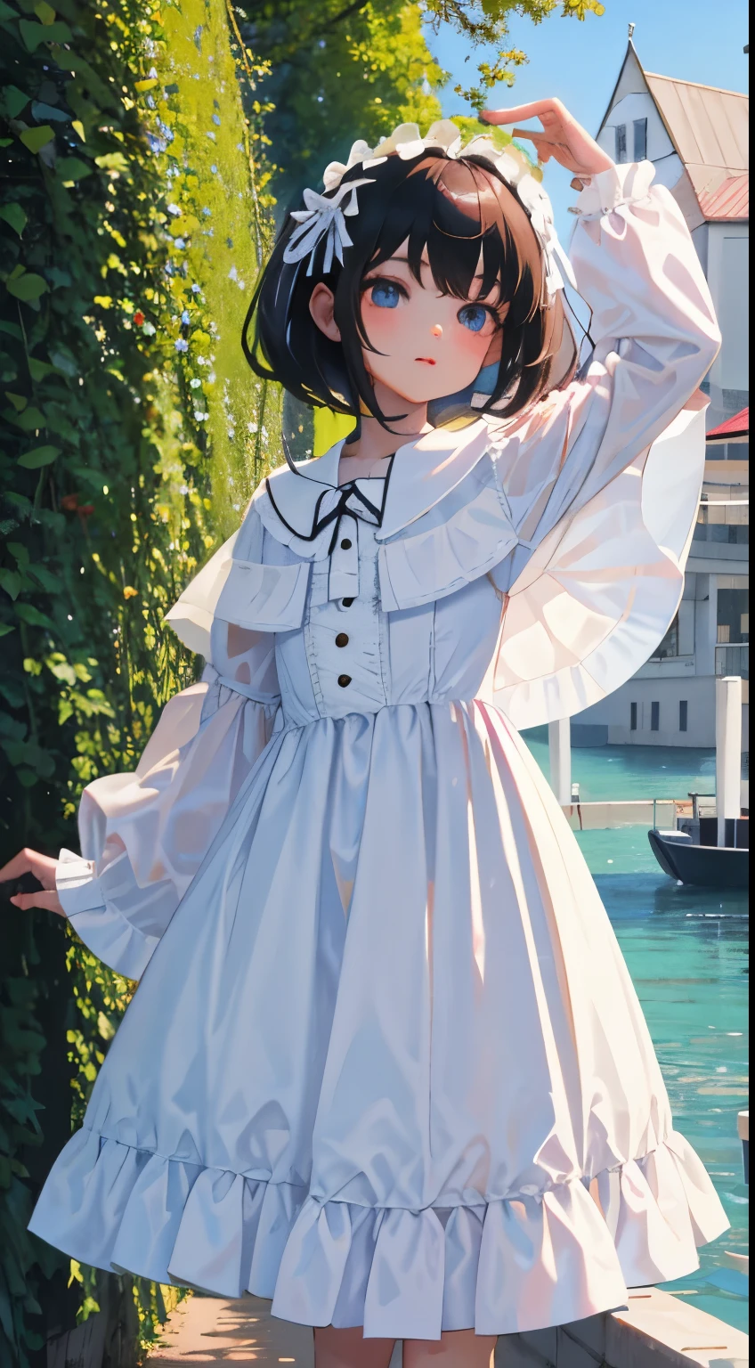 a child girl with the face of Alexandra Daddario, alone, ((alone)), totally realistic, the highest definition, perfect lighting, with a shy smile, with cheerful countenance, wearing a princess dress, full body, 4k