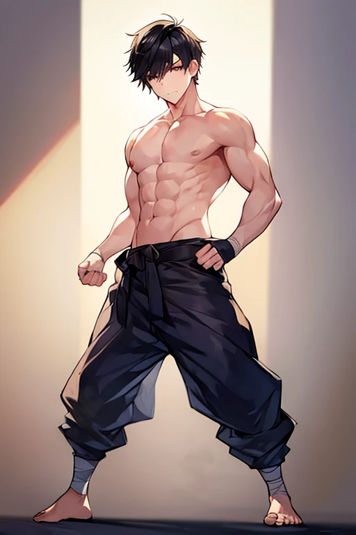 1boy, short hair, bandages, muscular full body, ((full body)), pants, fighting stance, head tilt, shirtless