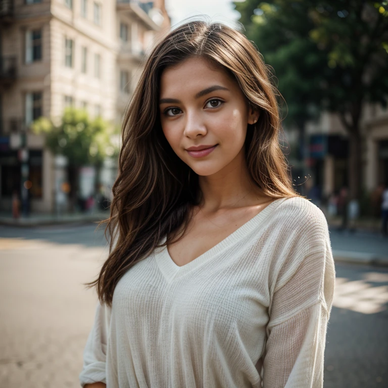 sfw, ((full body shot)), (best quality,ultra-detailed,photorealistic), young woman, 23 years old, Captivating green eyes with a spark, detailed lips, Genuine and inviting smile with a subtle dimple, Softly defined cheekbones, sophisticated, Dark and lustrous hair in loose waves framing her face, detailed face, inviting charm, (stylish outfit), posing in a science museum, casual pose, blurred background, natural sunlight, serene atmosphere, soft lighting, vibrant colors,