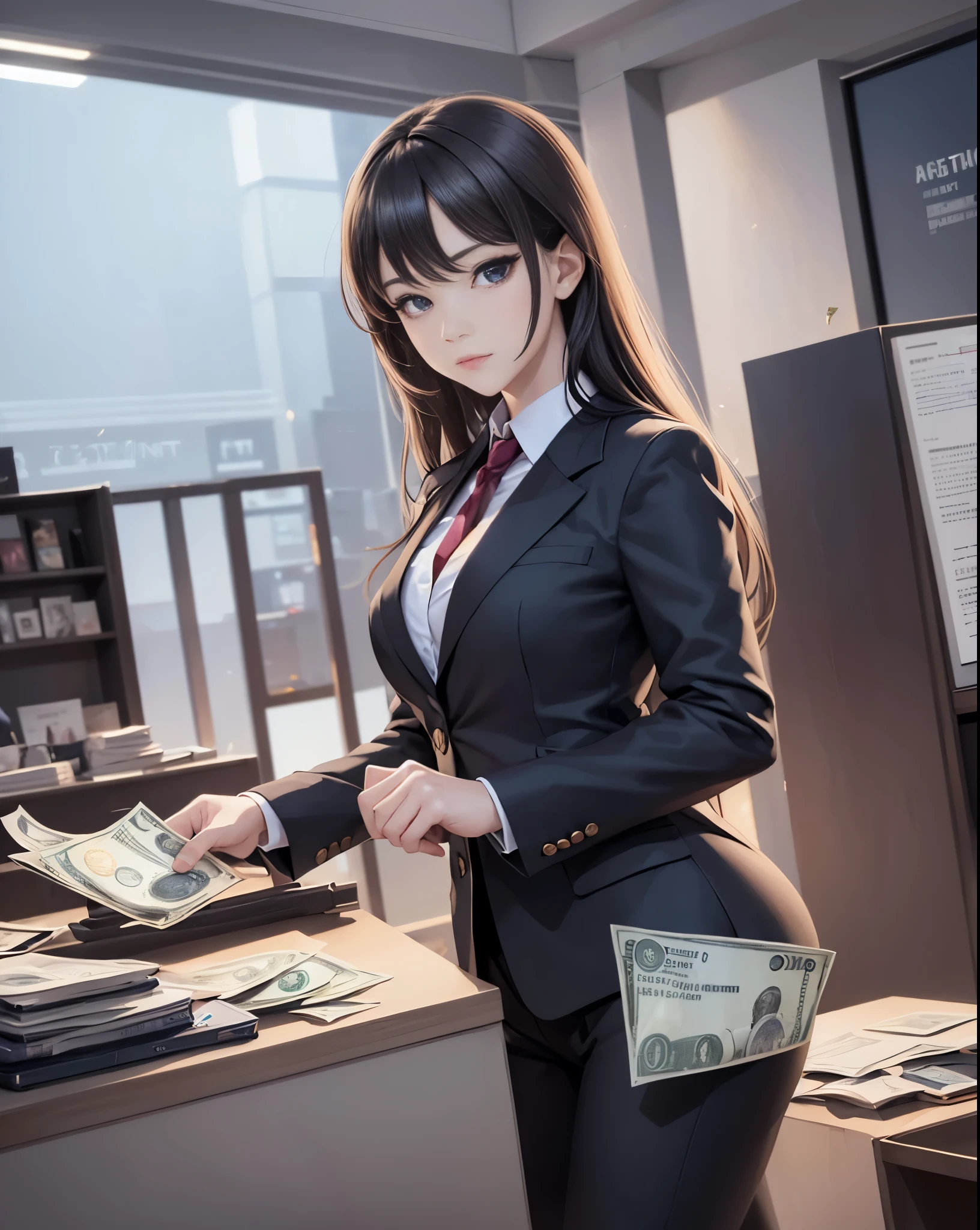 high quality、8K、photorealistic anime drawings、dark、1 female、(long hair、suit)、A woman depositing a large sum of money at a bank counter、money in attache case