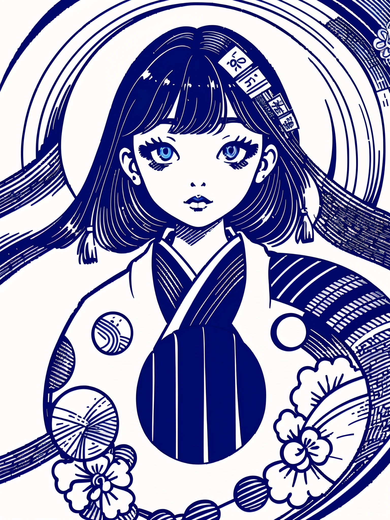 (full body)) illustration of a traditional japanese girl, kimono, fancy hair, abstract and contemporary style, ((detailed and expressive eyes)), fine line art style, accent shading, blue pen only, traditional style