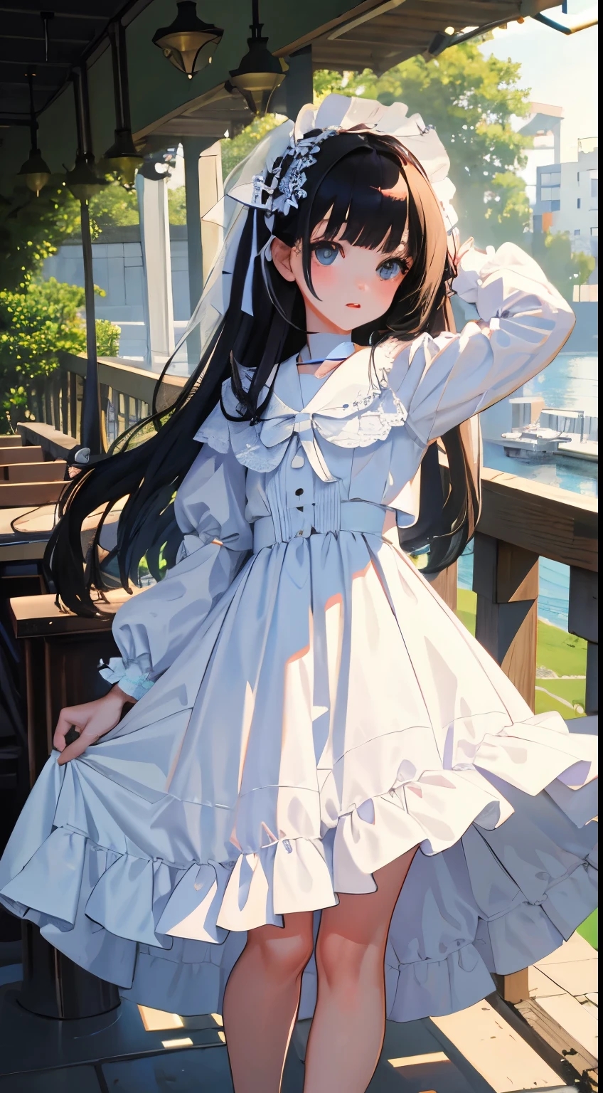 turn around，child，（masterpiece，Top quality)，White Lolita Clothes，black hair，Summer Classroom，Lakeside