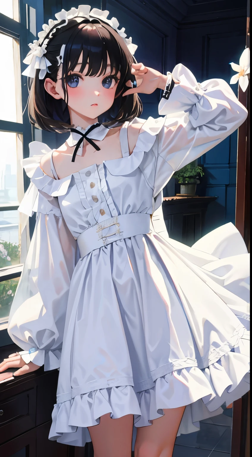 turn around,child,(masterpiece,Top quality),White ta Clothes,black hair,Summer Classroom,Lakeside