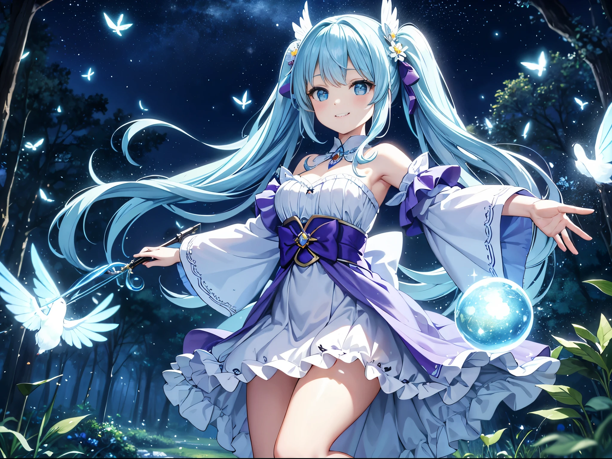 dynamic angle、 within a magical forest, a mystical fairy girl emerges, Girl Flying in the Sky、light blue long hair、Hairstyle twin tails、adorable smile, Sparkling colorful costumes、the glow of the moonlight, flower bloom、A pure white owl flies in the sky、Sparkling fireflies are flying, the air resonates with the ethereal symphony of nature's whispers, Creating a field where dreams and reality intersect,produce something overwhelming, fantastic fairy world